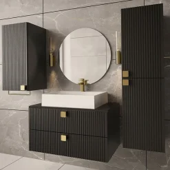 Mobile bagno sospeso 80cm con colonna e pensile maniglie oro nero Bursa