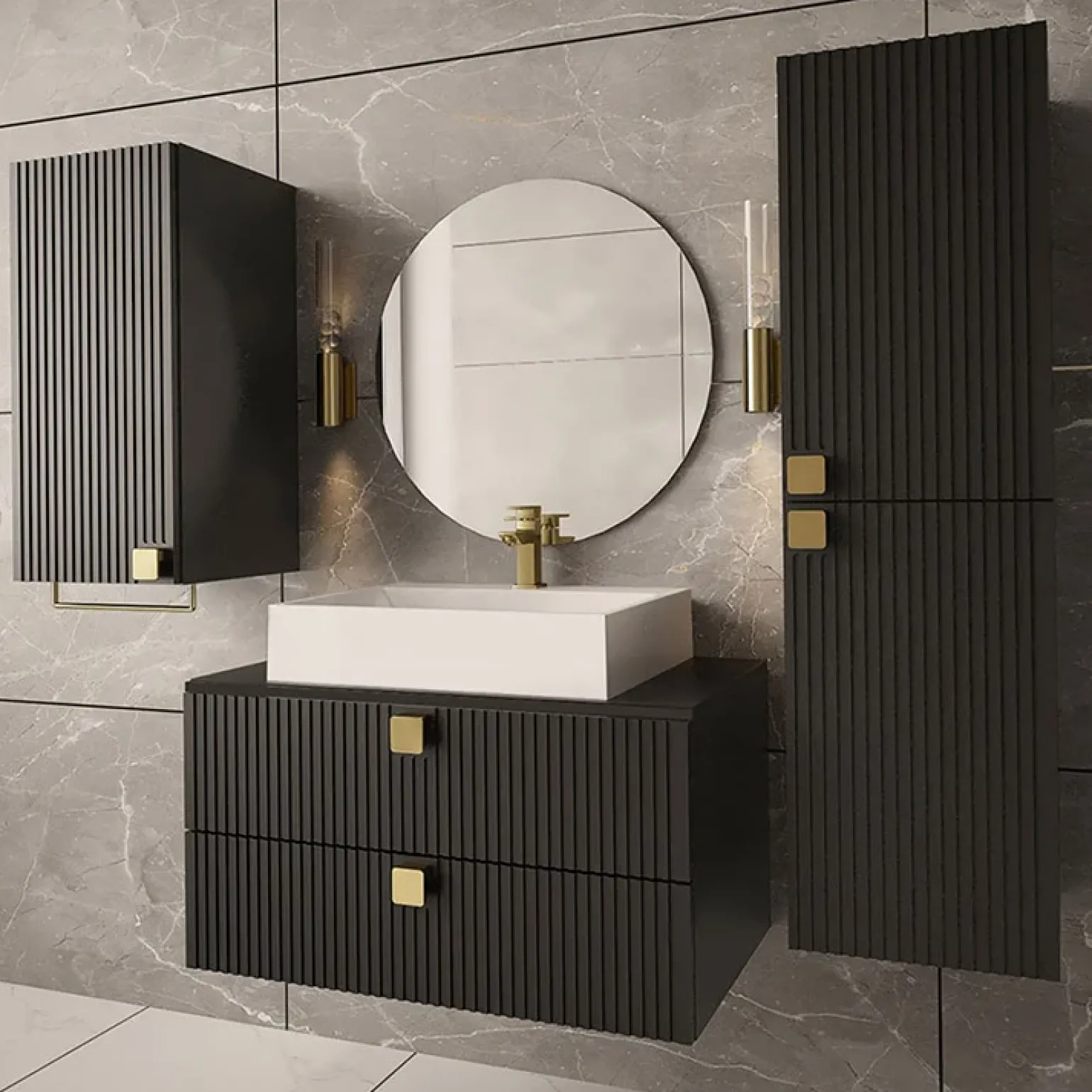 Mobile bagno sospeso 80cm con colonna e pensile maniglie oro nero Bursa