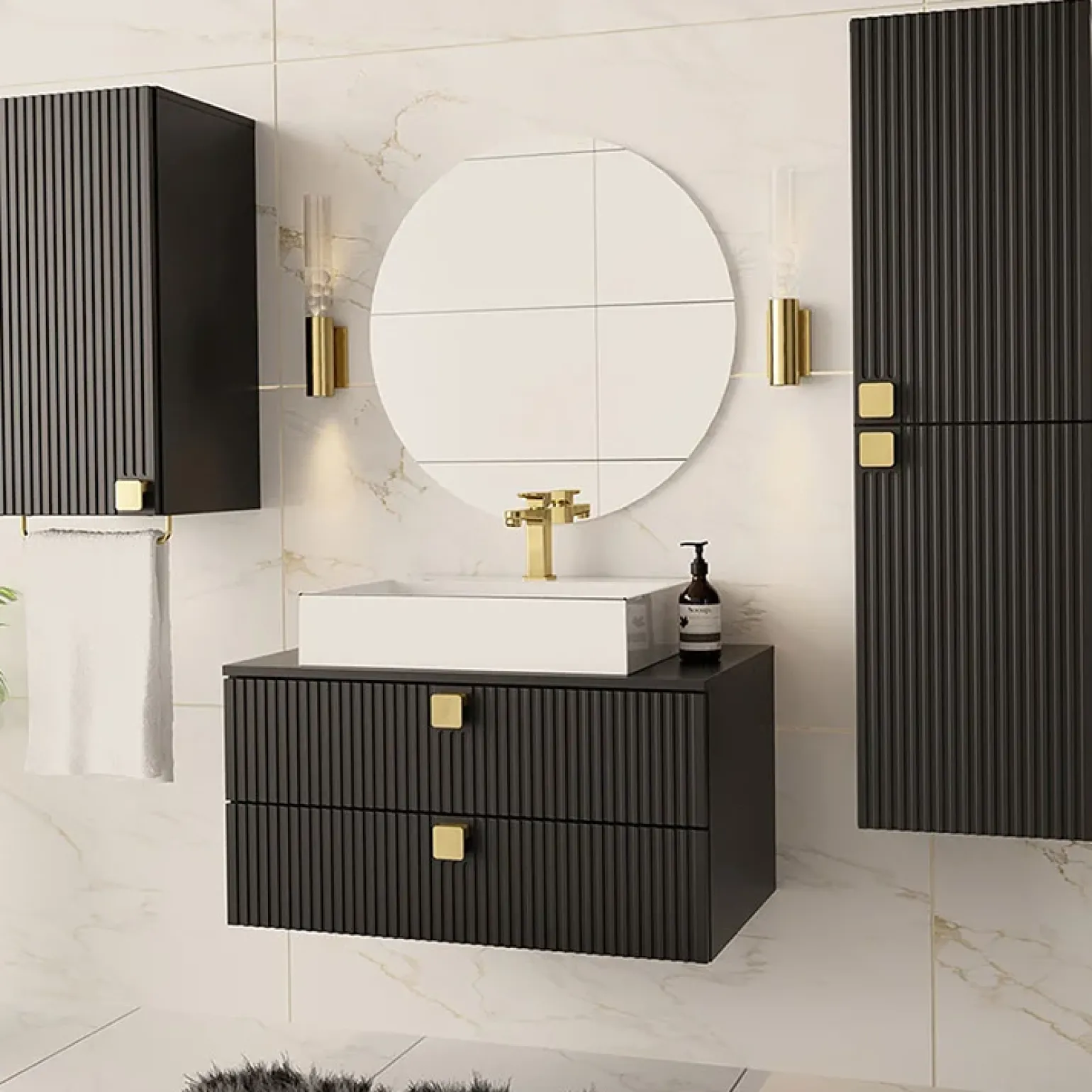 Mobile bagno sospeso 80cm con colonna e pensile maniglie oro nero Bursa