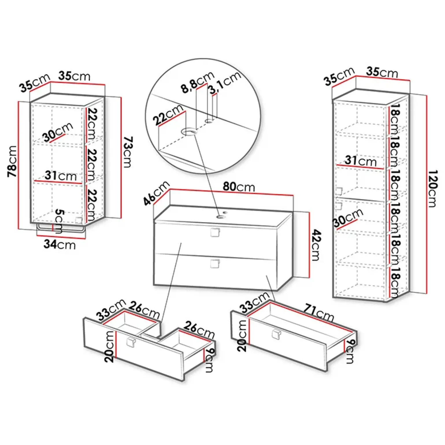 Mobile bagno sospeso 80cm con colonna e pensile maniglie oro nero Bursa