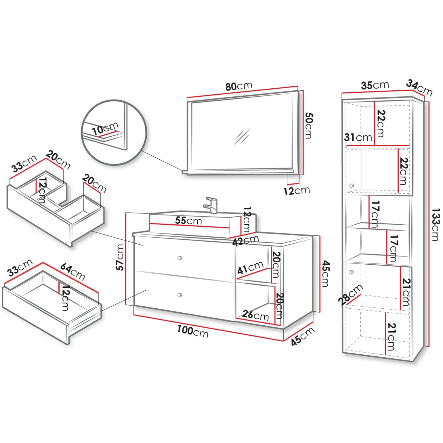 Mobile bagno sospeso 100cm con lavabo, specchio e colonna bianco Krom