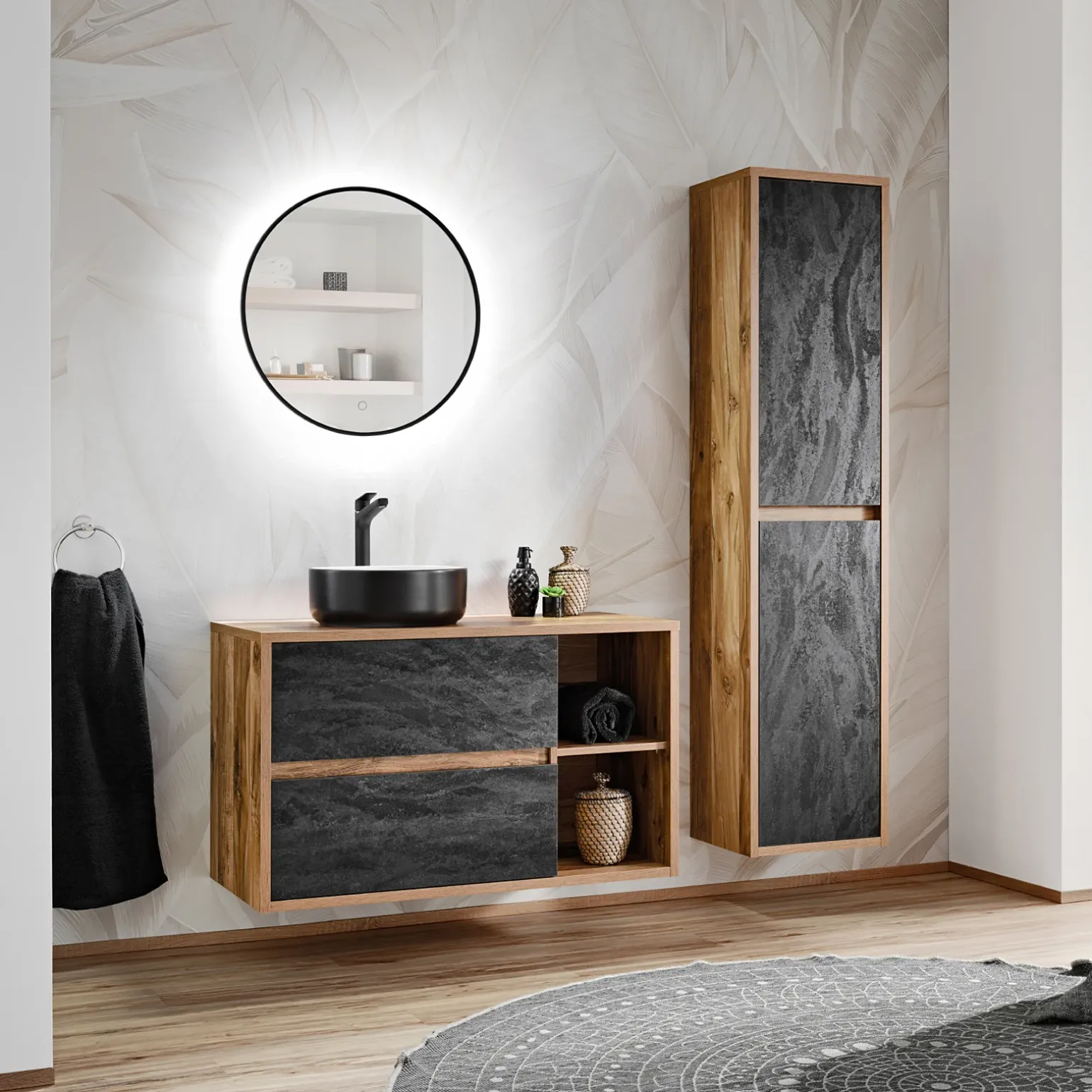 Mobile bagno sospeso 100cm con lavabo, specchio e colonna rovere antracite Stony