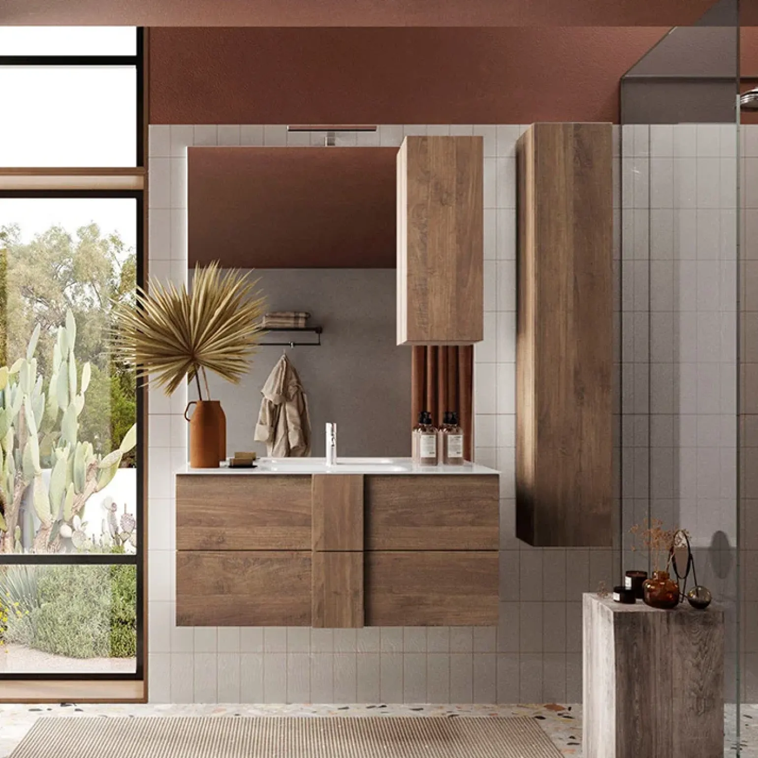Mobile bagno sospeso 100cm con lavabo e specchio rovere Alvarez