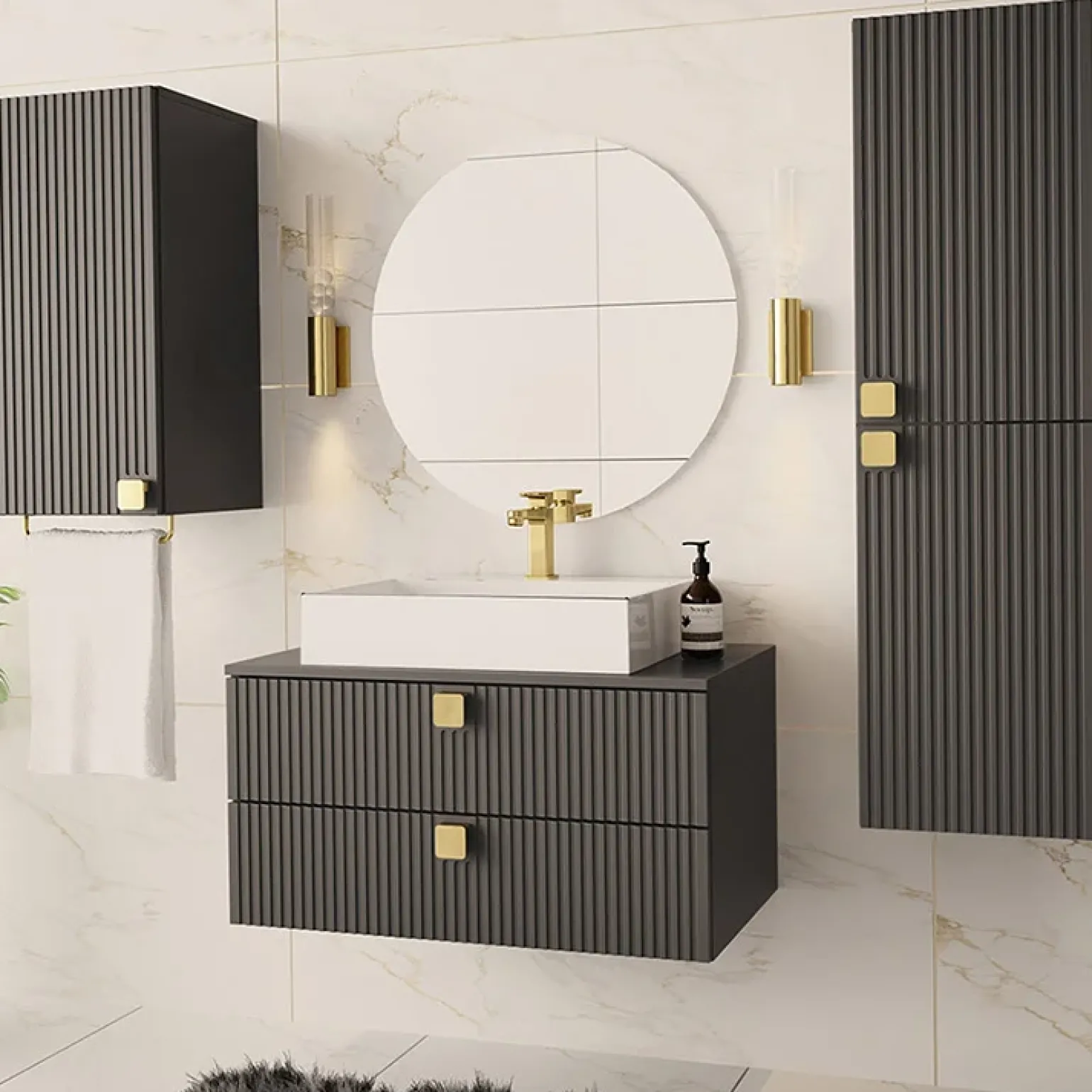 Mobile bagno sospeso 80cm con colonna e pensile maniglie oro grigio Bursa
