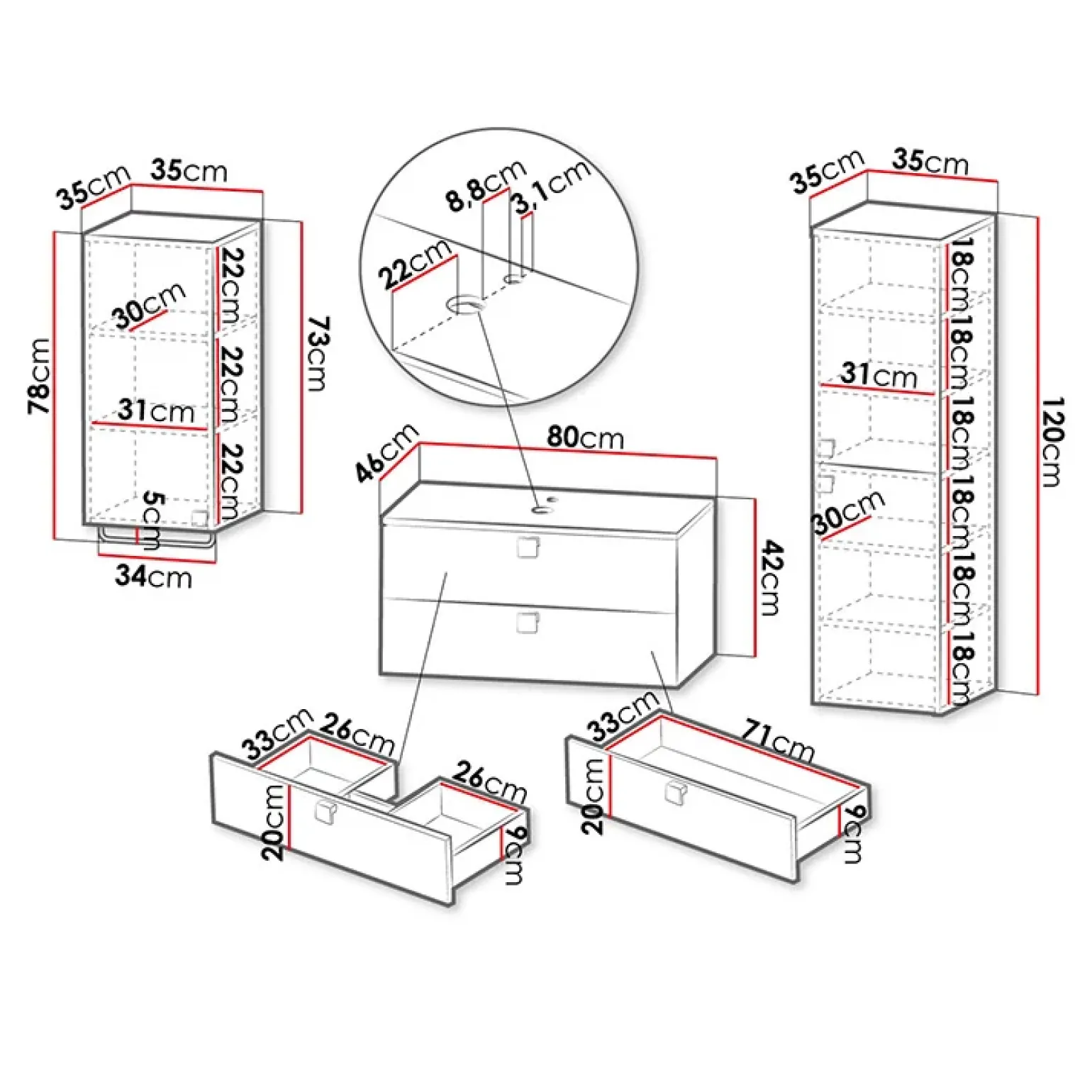 Mobile bagno sospeso 80cm con colonna e pensile maniglie oro grigio Bursa