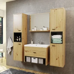 Mobile bagno sospeso 60cm con lavabo, specchio e colonne rovere nero Florentina