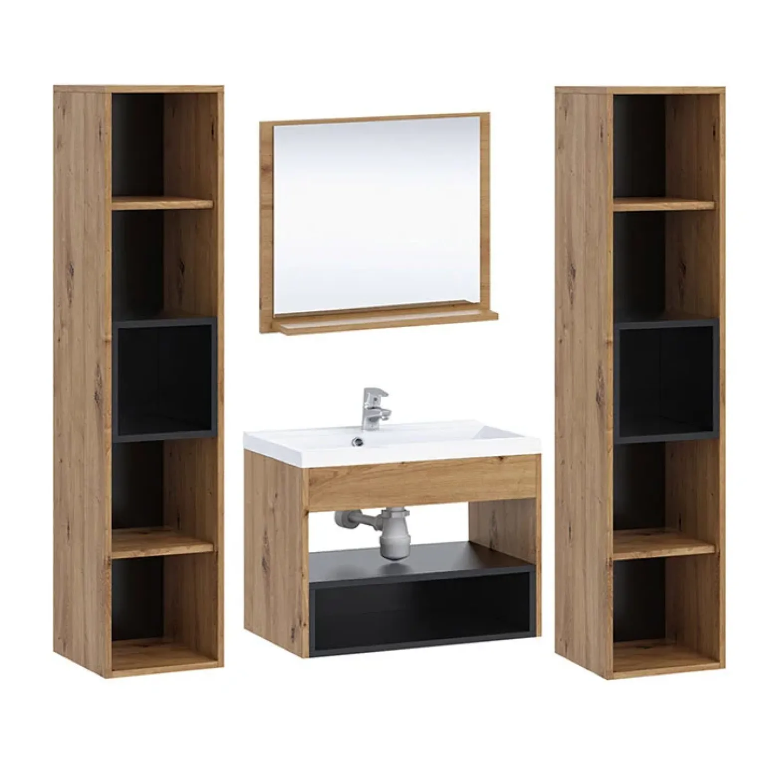 Mobile bagno sospeso 60cm con lavabo, specchio e colonne rovere nero Florentina