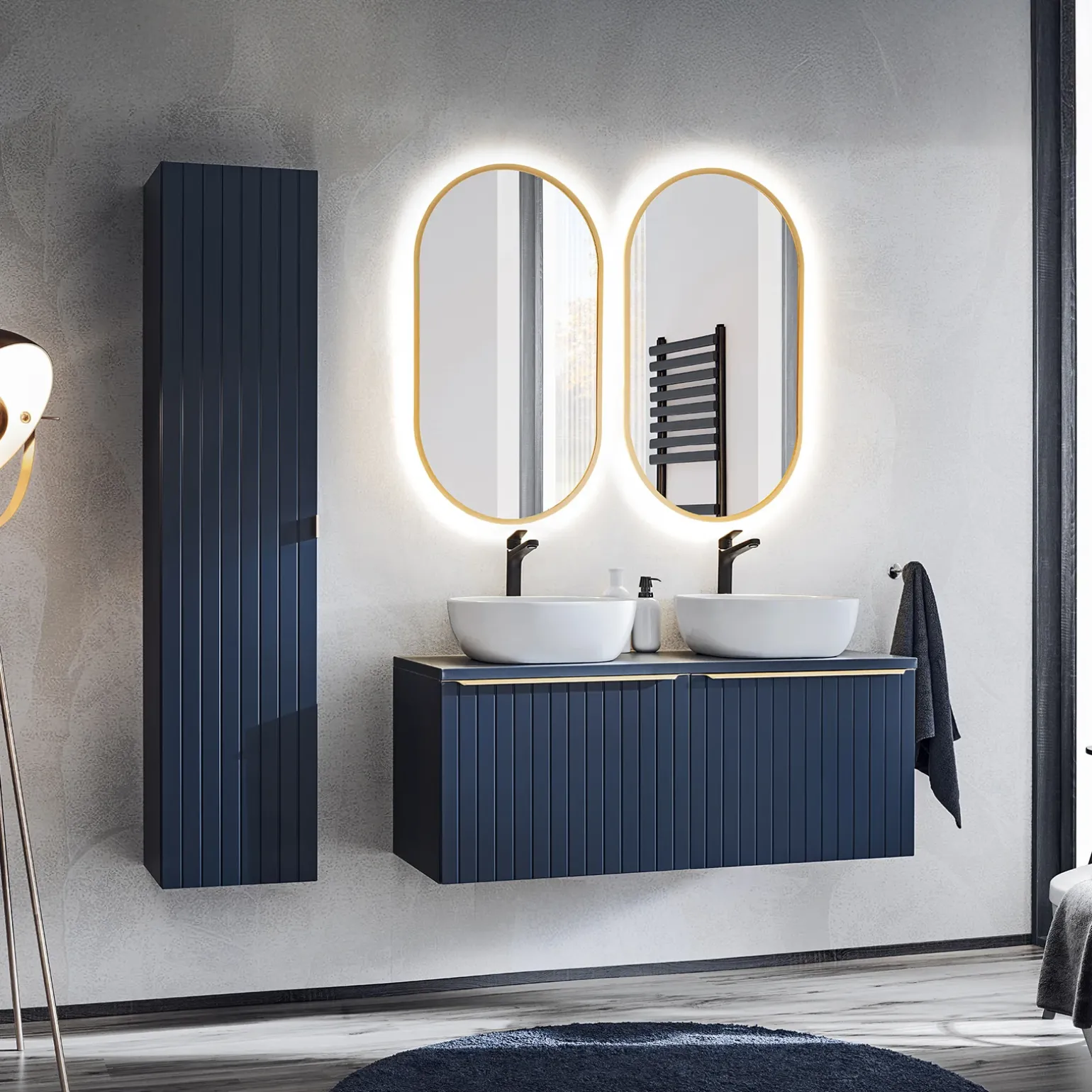 Mobile bagno sospeso 120cm con 2 lavabi, 2 specchi e colonna cannettato blu Deep