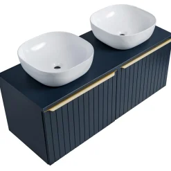 Mobile bagno sospeso 120cm con 2 lavabi, 2 specchi e colonna cannettato blu Deep