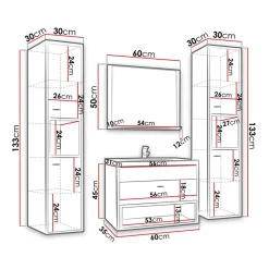 Mobile bagno sospeso 60cm con lavabo, specchio e colonne bianco rovere Florentina