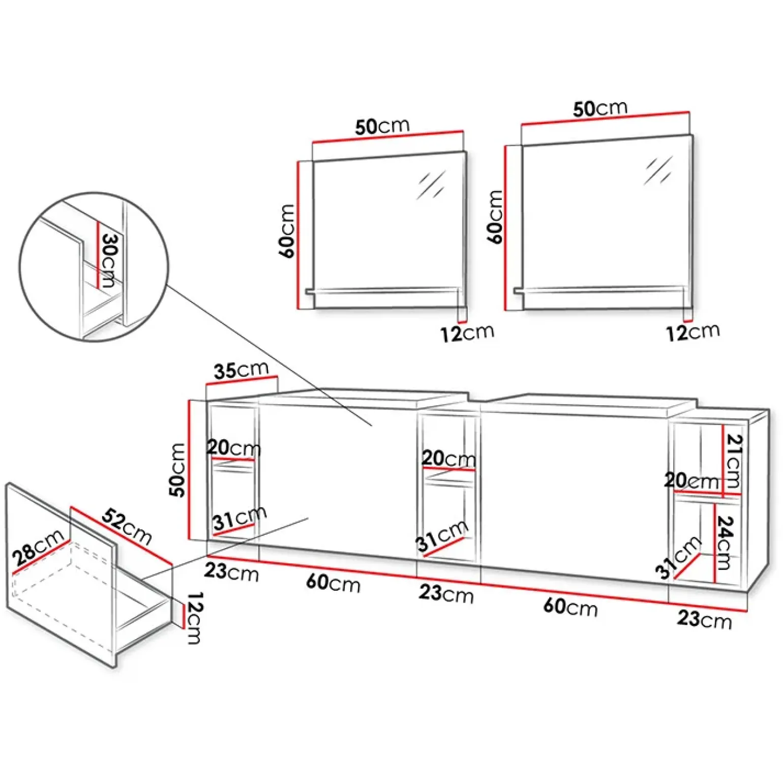 Mobile bagno sospeso 190cm con doppio lavabo e specchi serigrafato bianco Baden 4