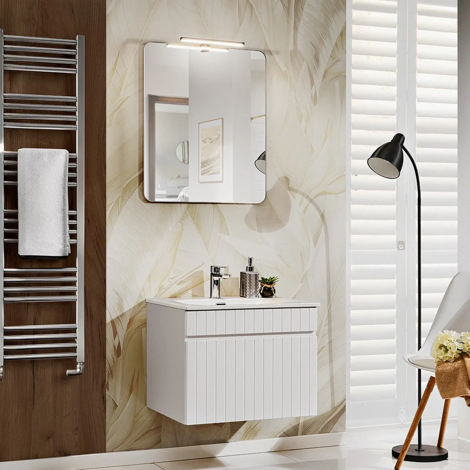 Mobile bagno sospeso 60cm cannettato con lavabo 1 cassettone bianco Autentic