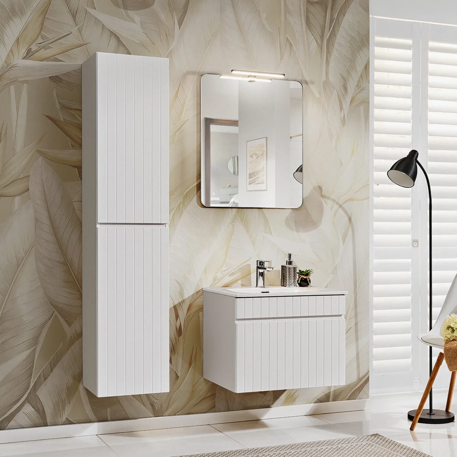 Mobile bagno sospeso 60cm cannettato con lavabo 1 cassettone bianco Autentic
