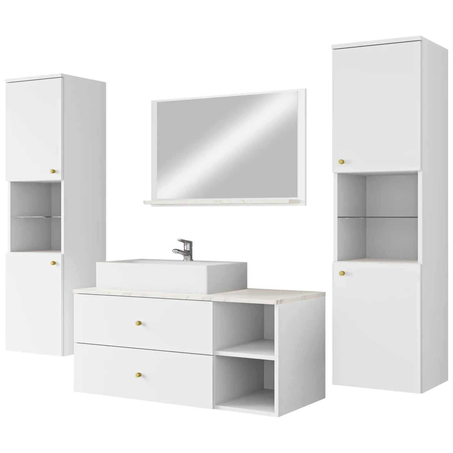 Mobile bagno sospeso 100cm con lavabo, specchio e 2 colonne bianco Krom