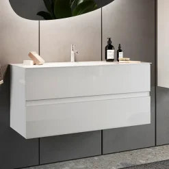 Mobile bagno sospeso 80cm con lavabo 2 cassetti bianco lucido Moon