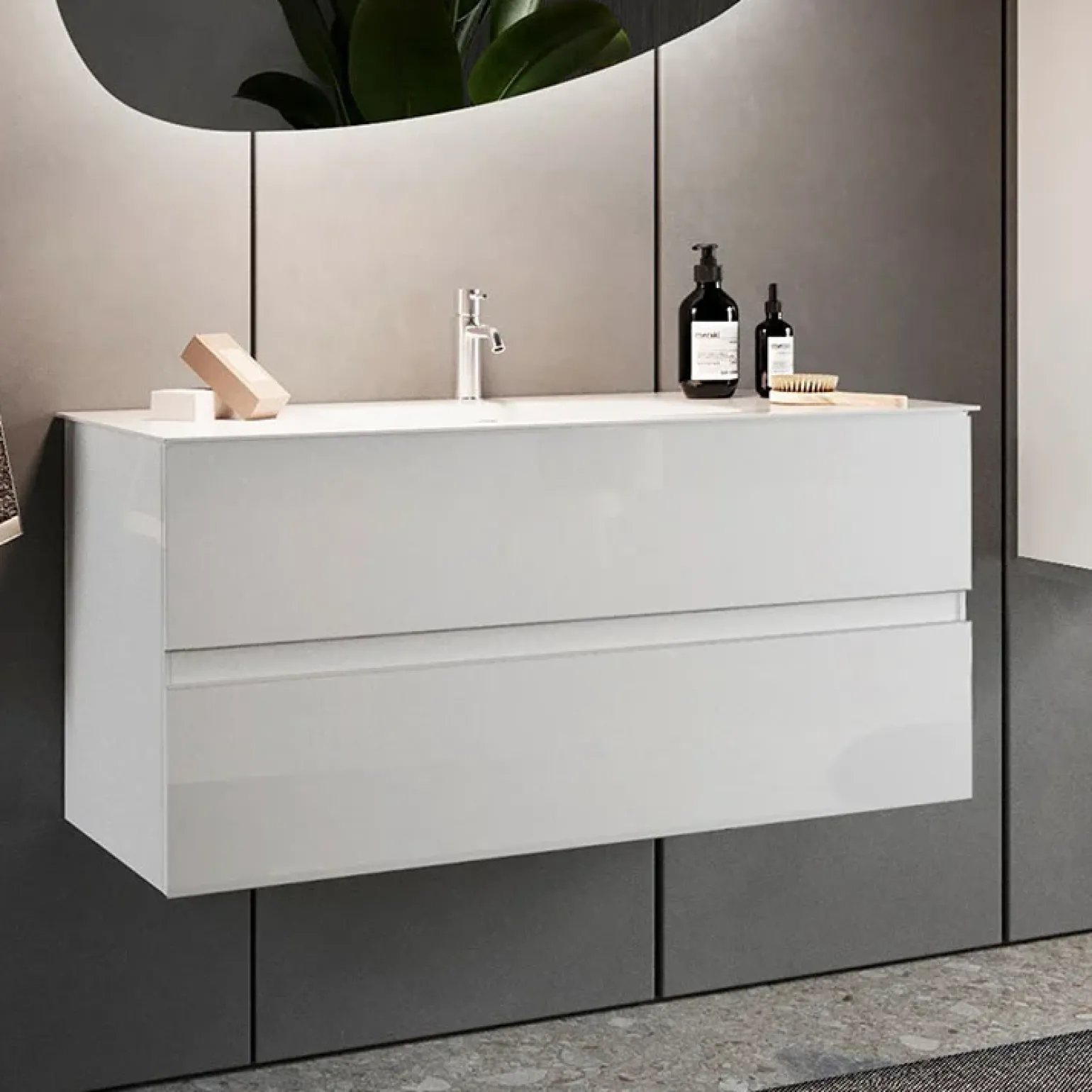 Mobile bagno sospeso 80cm con lavabo 2 cassetti bianco lucido Moon