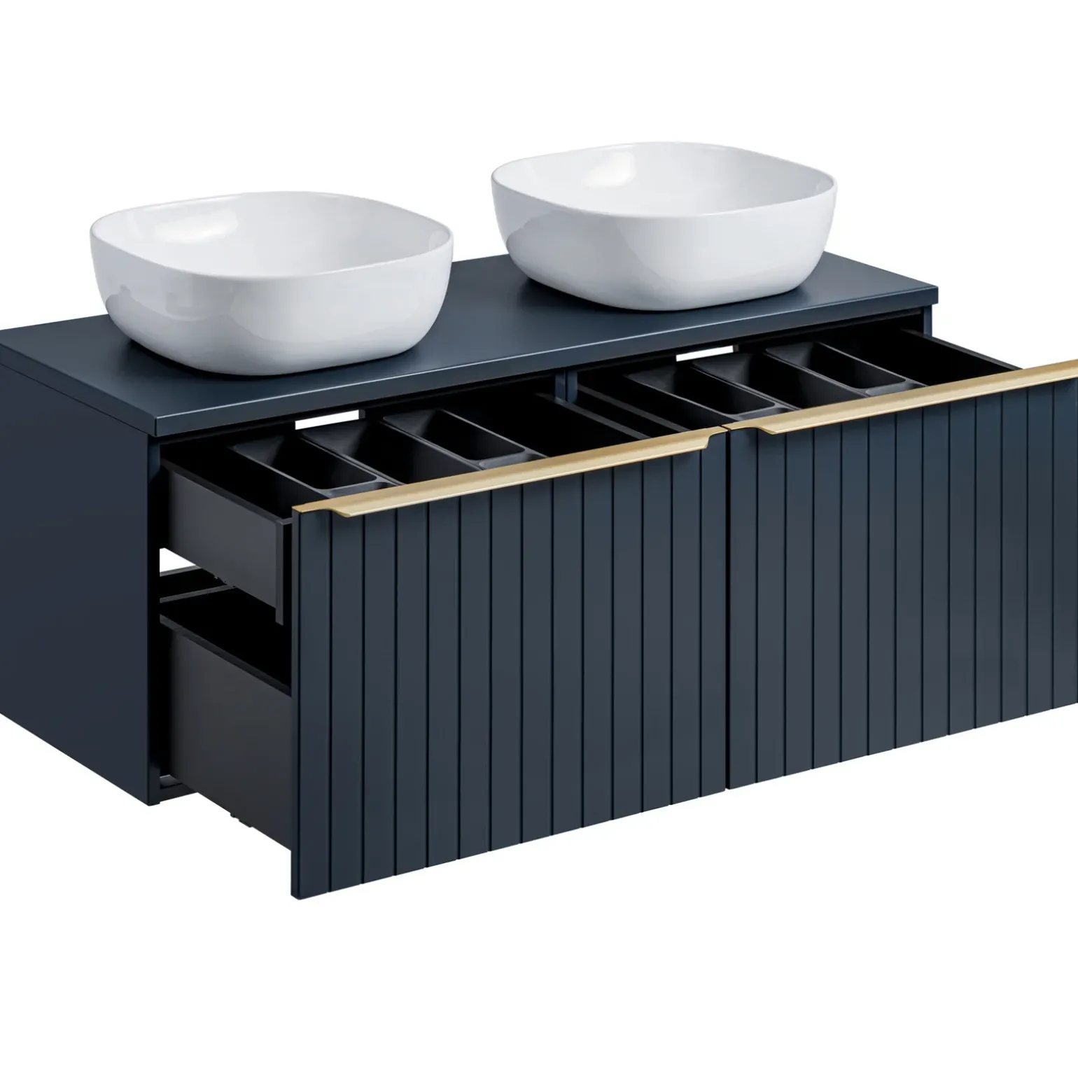 Mobile bagno sospeso 120cm con 2 lavabi, 2 specchi rotondi e colonna cannettato blu Deep