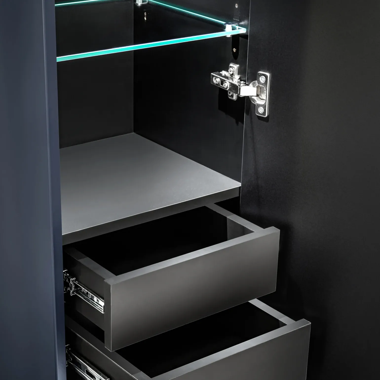 Mobile bagno sospeso 120cm con 2 lavabi, 2 specchi rotondi e colonna cannettato blu Deep