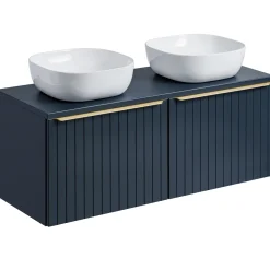 Mobile bagno sospeso 120cm con 2 lavabi, 2 specchi rotondi e colonna cannettato blu Deep