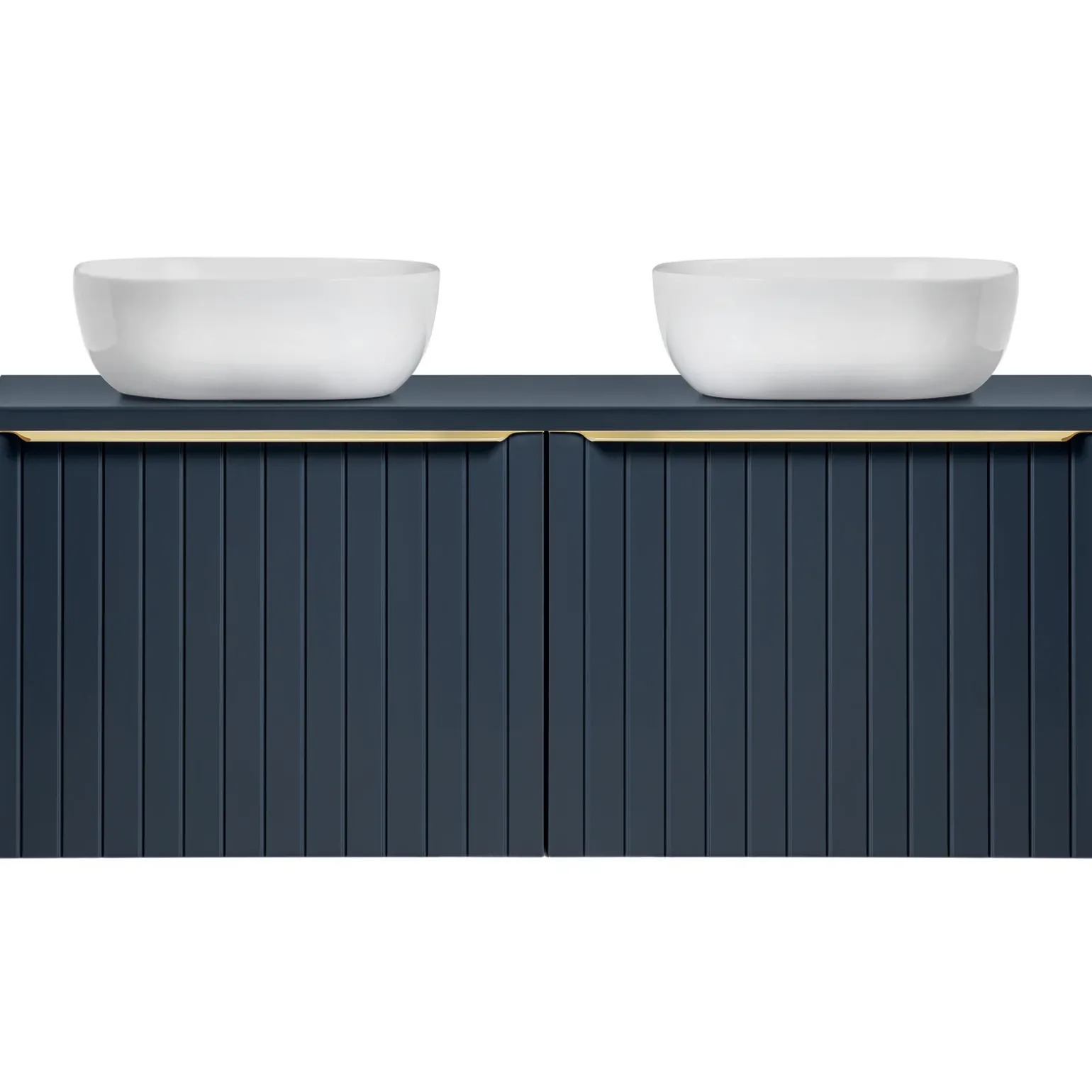 Mobile bagno sospeso 120cm con 2 lavabi, 2 specchi rotondi e colonna cannettato blu Deep