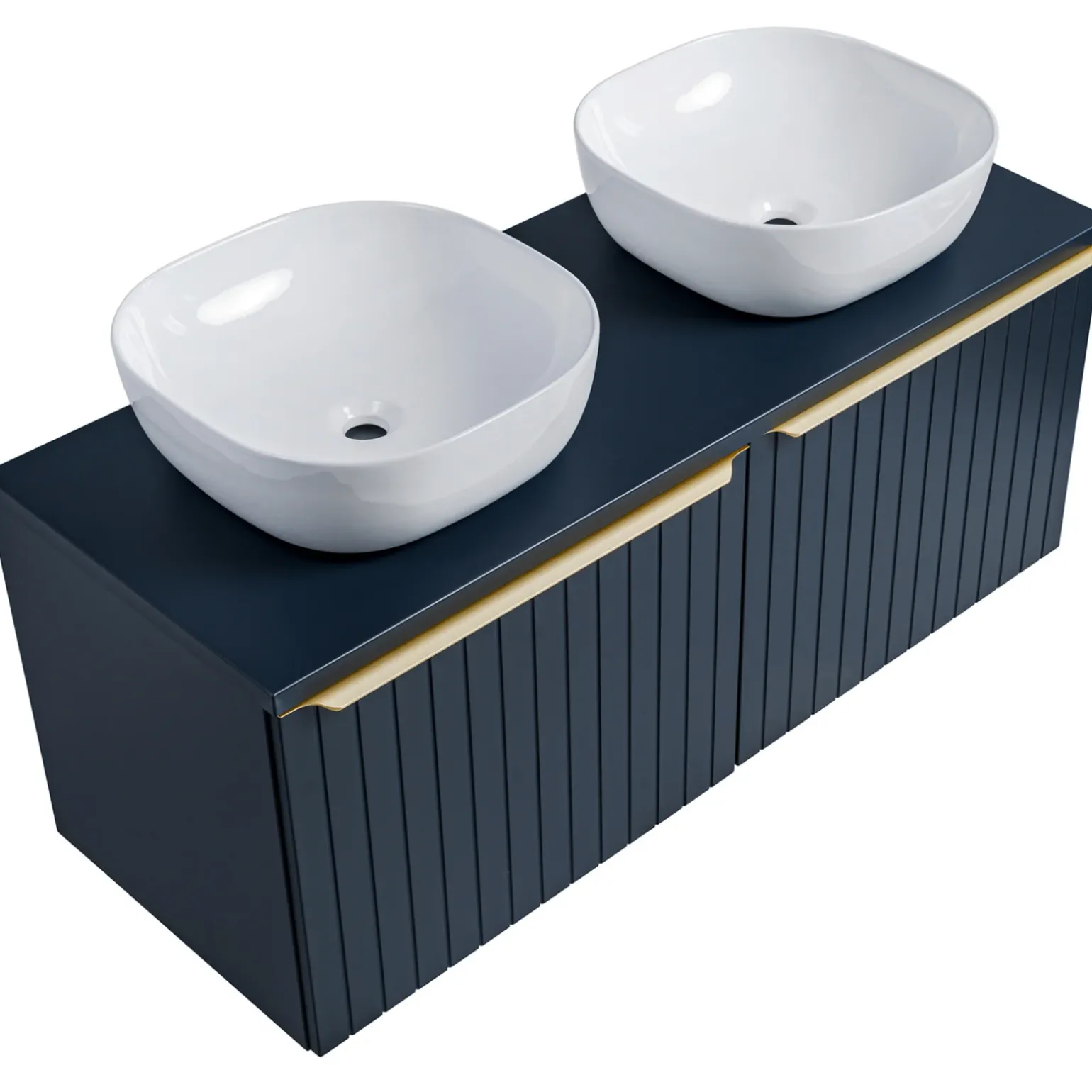 Mobile bagno sospeso 120cm con 2 lavabi, 2 specchi rotondi e colonna cannettato blu Deep