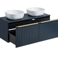Mobile bagno sospeso 120cm con 2 lavabi, 2 specchi rotondi e colonna cannettato blu Deep