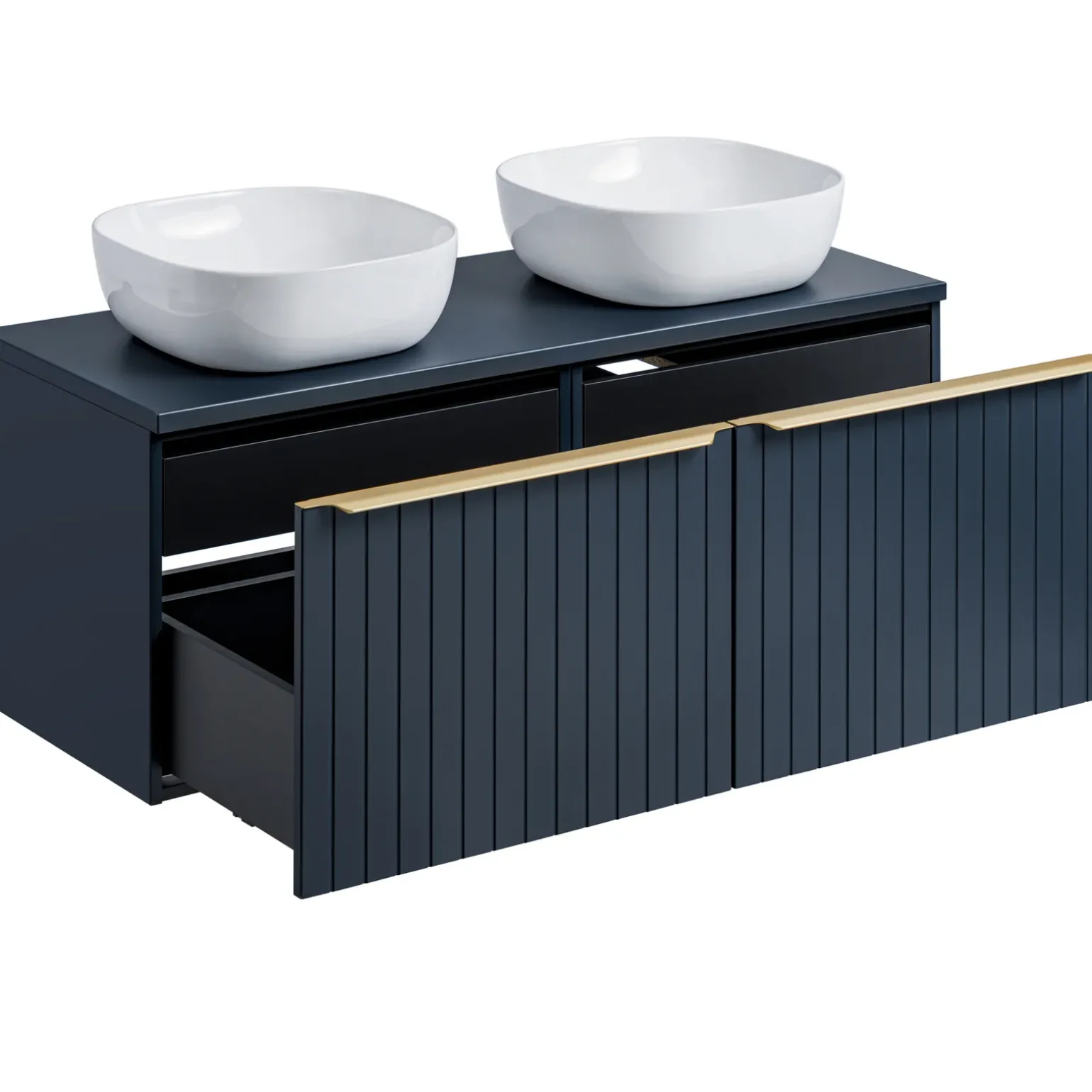 Mobile bagno sospeso 120cm con 2 lavabi, 2 specchi rotondi e colonna cannettato blu Deep