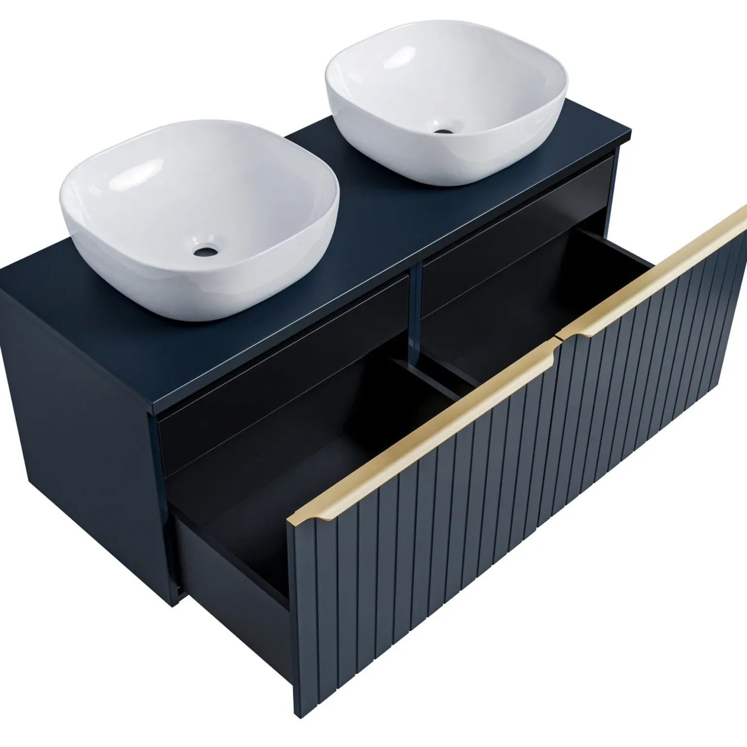 Mobile bagno sospeso 120cm con 2 lavabi, 2 specchi rotondi e colonna cannettato blu Deep