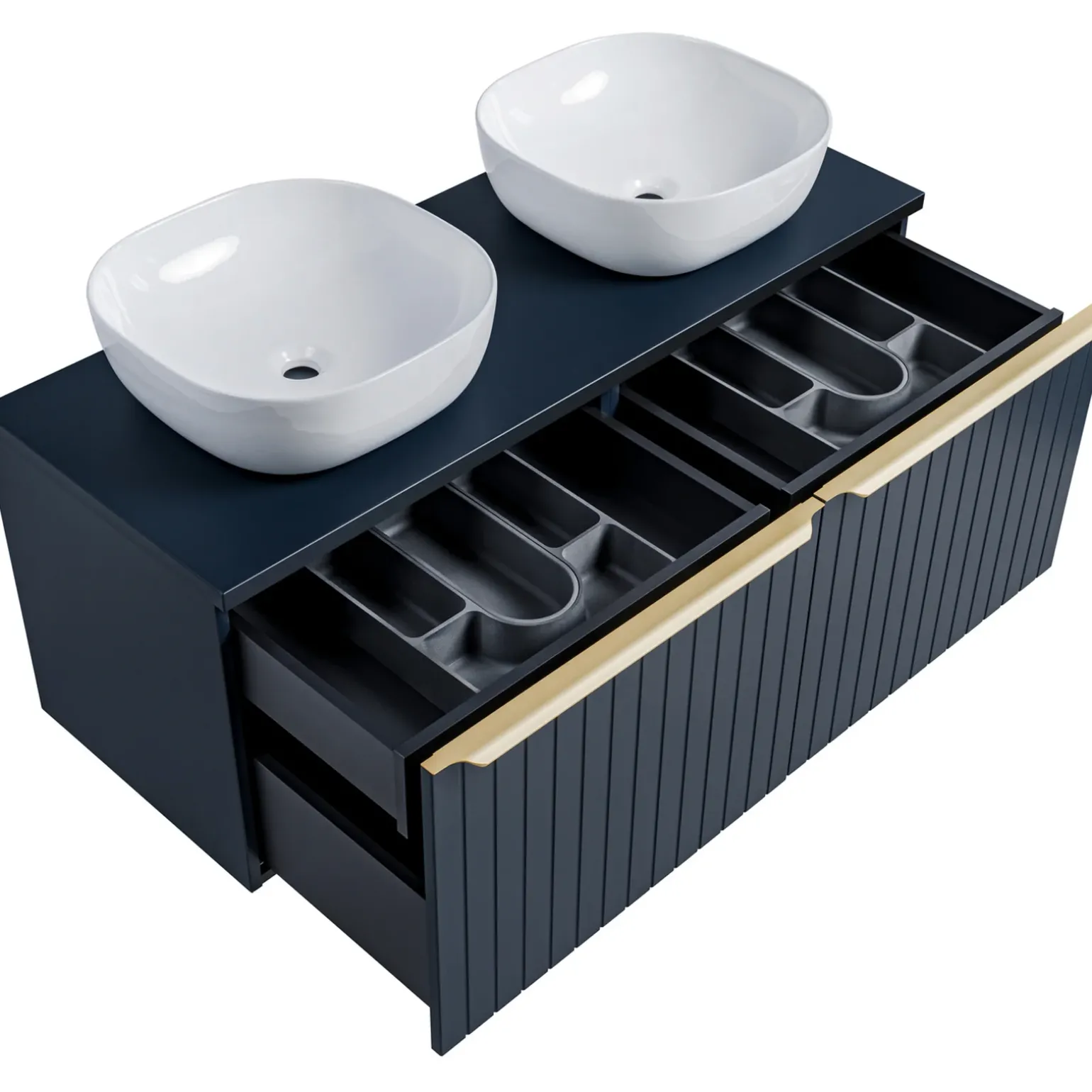 Mobile bagno sospeso 120cm con 2 lavabi, 2 specchi rotondi e colonna cannettato blu Deep
