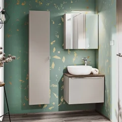 Mobile bagno sospeso 60cm con lavabo, mobile specchio e colonna grigio quercia Serif