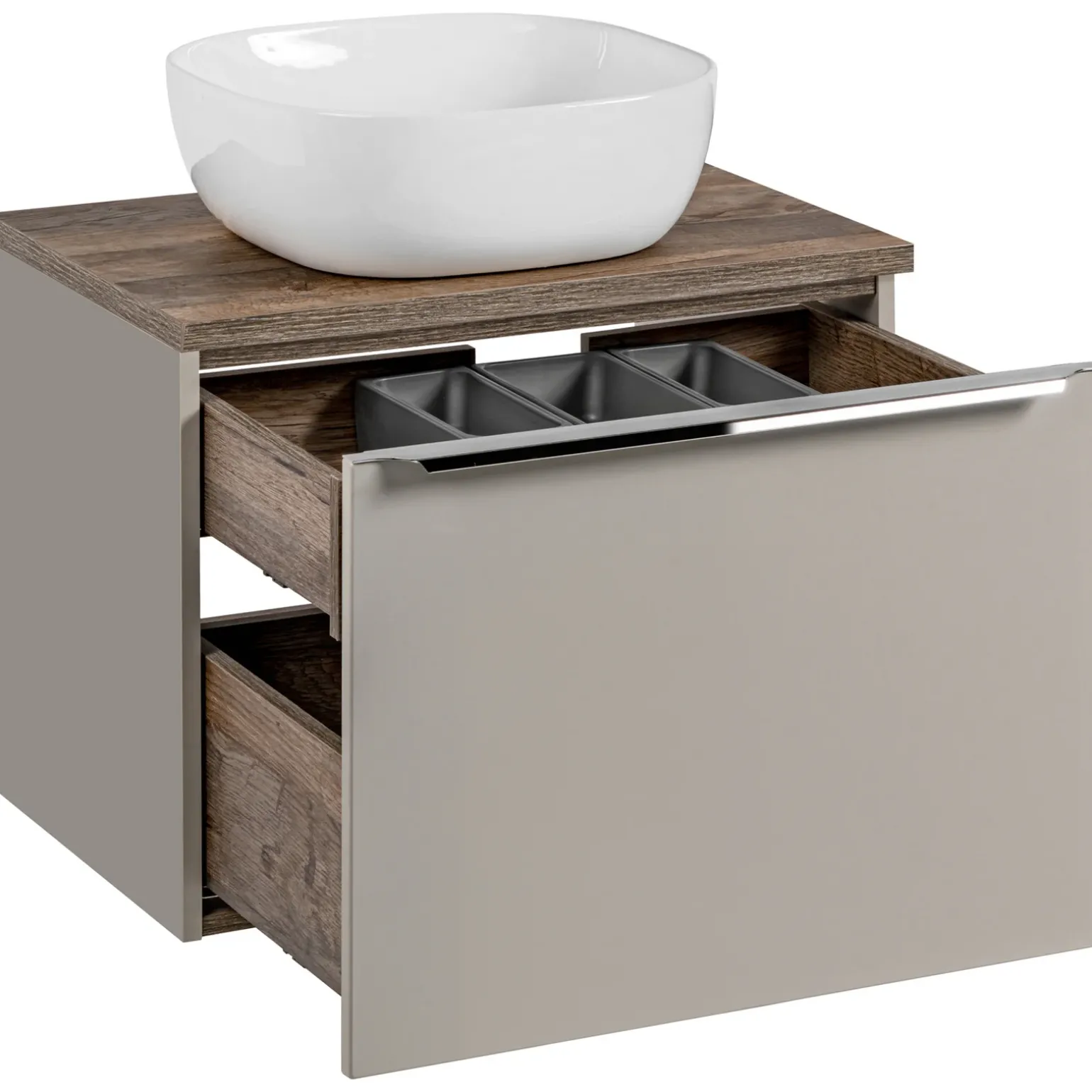 Mobile bagno sospeso 60cm con lavabo, mobile specchio e colonna grigio quercia Serif