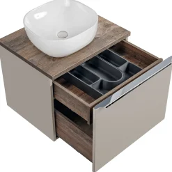 Mobile bagno sospeso 60cm con lavabo, mobile specchio e colonna grigio quercia Serif