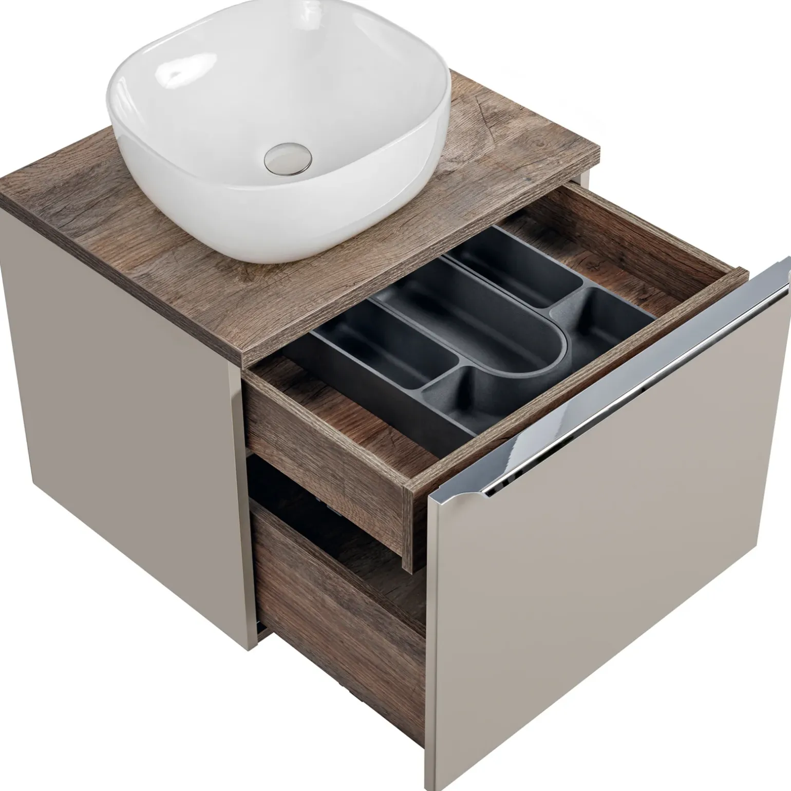 Mobile bagno sospeso 60cm con lavabo, mobile specchio e colonna grigio quercia Serif