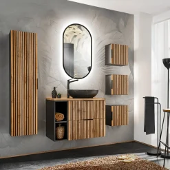 Mobile bagno sospeso 80cm cm con lavabo, specchio, colonna e cubotti quercia antracite Limpid