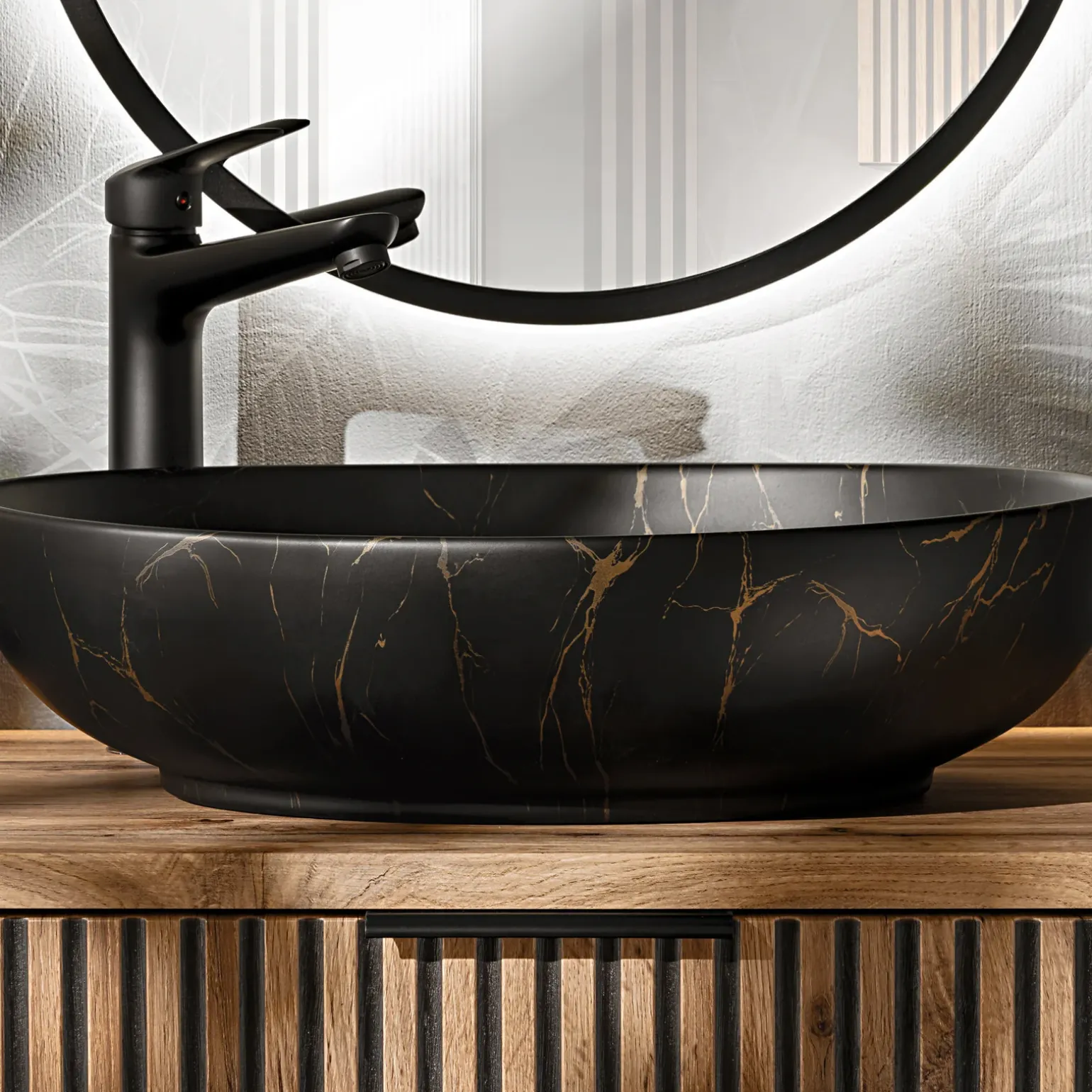 Mobile bagno sospeso 80cm cm con lavabo, specchio, colonna e cubotti quercia antracite Limpid