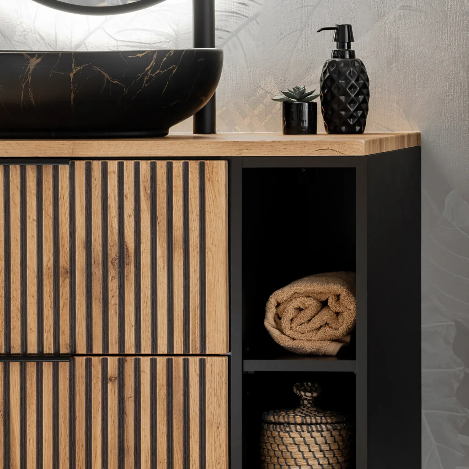 Mobile bagno sospeso 80cm cm con lavabo, specchio, colonna e cubotti quercia antracite Limpid
