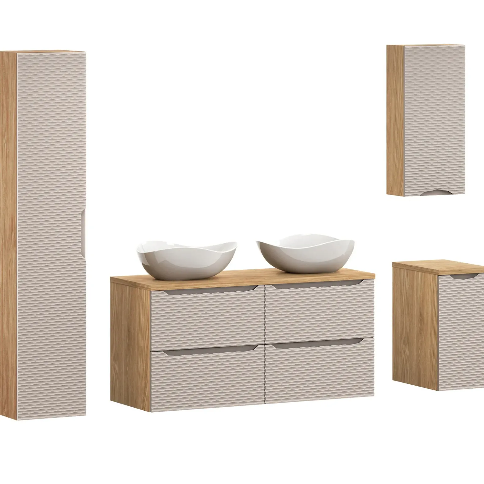 Mobile bagno sospeso 120cm con 2 lavabi, colonna, pensile e base sospesa beige rovere Swim