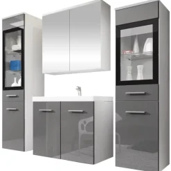 Mobile bagno sospeso 60cm con lavabo, specchio e 2 colonne grigio lucido bianco Luz
