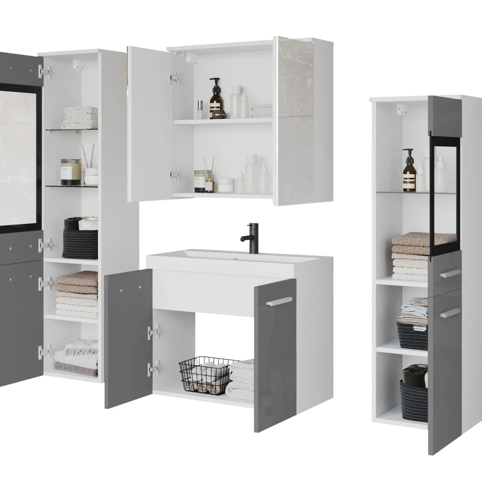 Mobile bagno sospeso 60cm con lavabo, specchio e 2 colonne grigio lucido bianco Luz