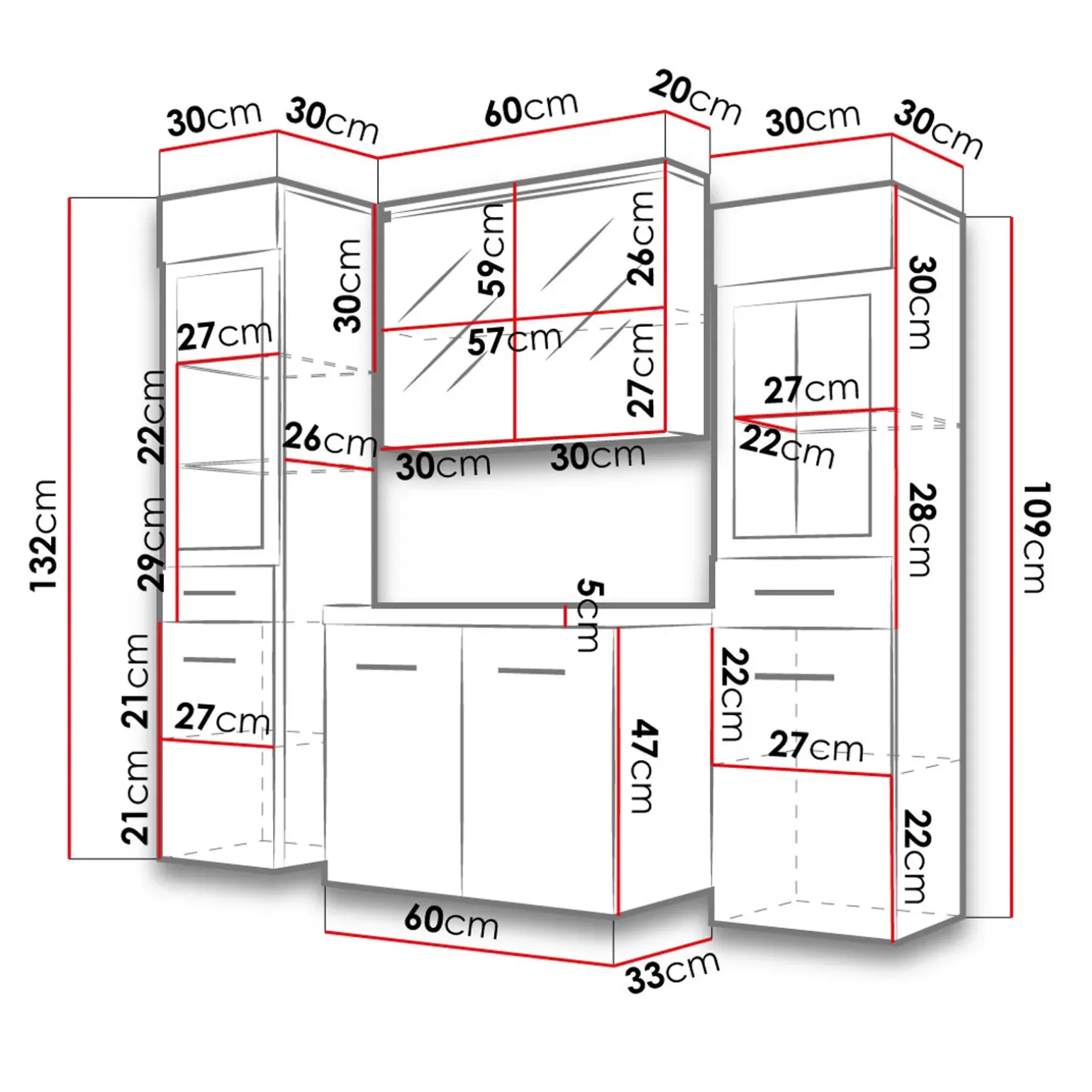 Mobile bagno sospeso 60cm con lavabo, specchio e 2 colonne grigio lucido bianco Luz