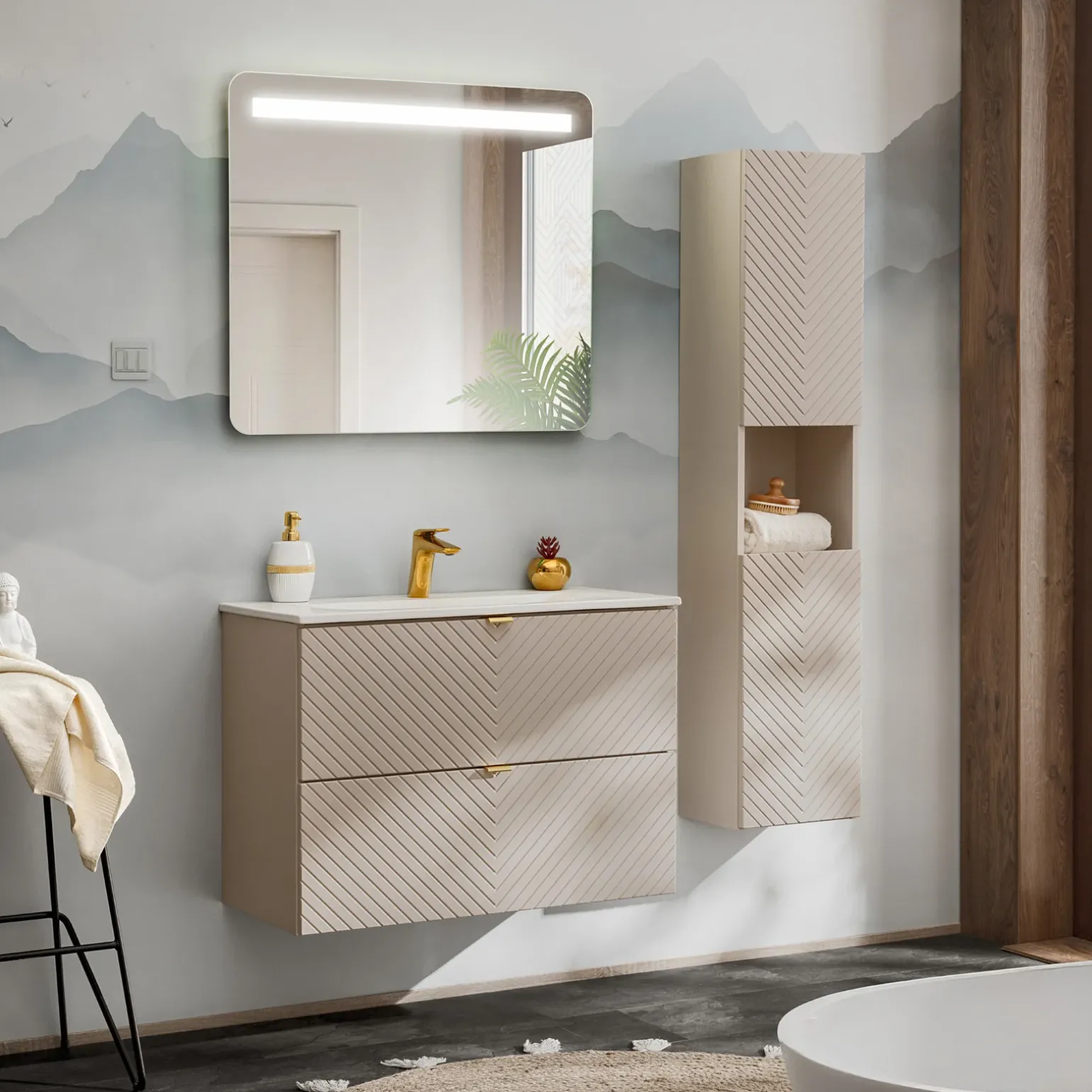 Mobile bagno sospeso 80cm con lavabo 2 cassetti beige cashmere Neutry