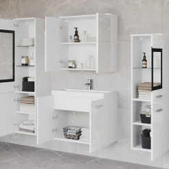 Mobile bagno sospeso 60cm con lavabo, specchio e 2 colonne bianco lucido Luz