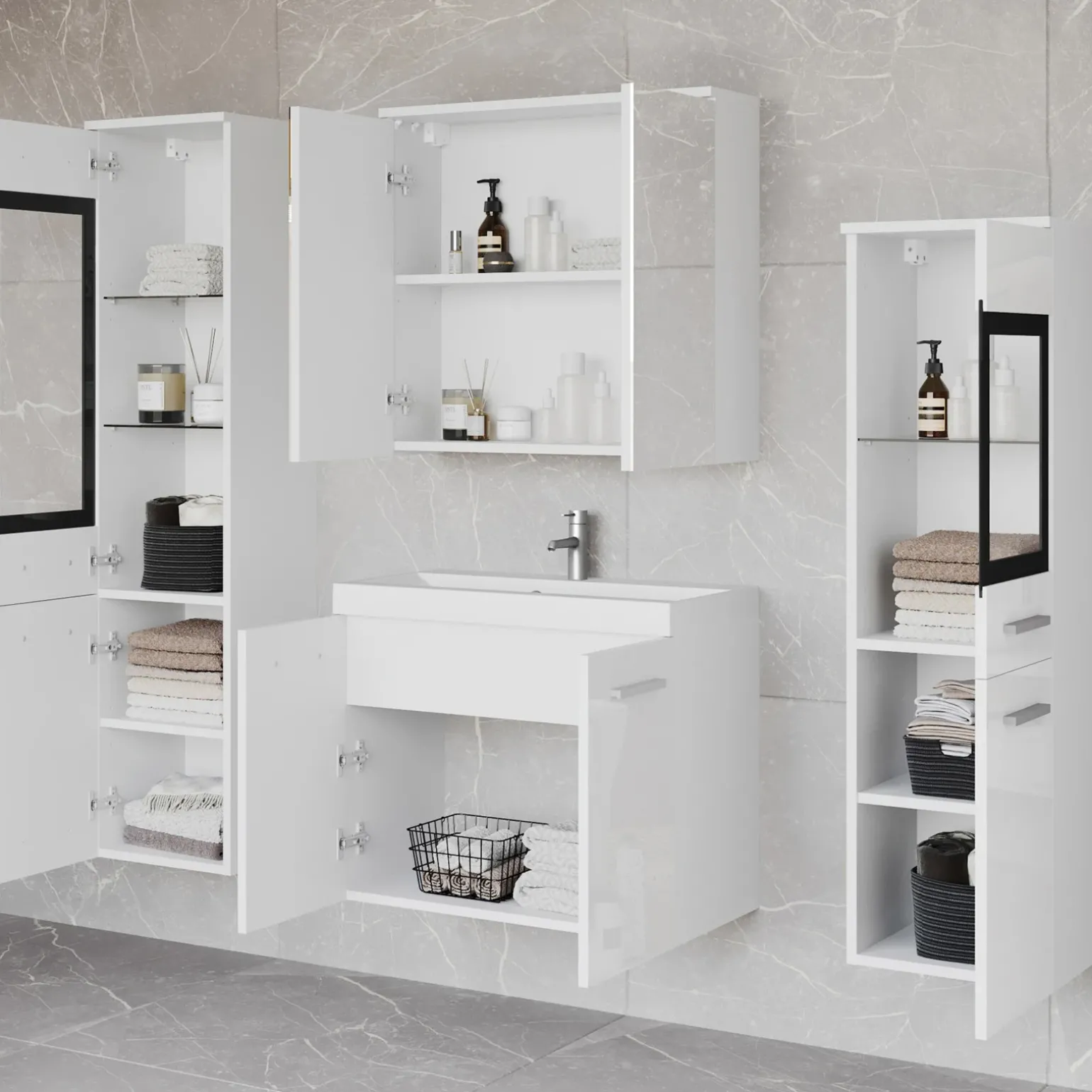 Mobile bagno sospeso 60cm con lavabo, specchio e 2 colonne bianco lucido Luz