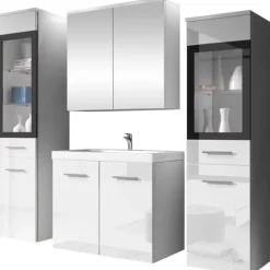 Mobile bagno sospeso 60cm con lavabo, specchio e 2 colonne bianco lucido Luz