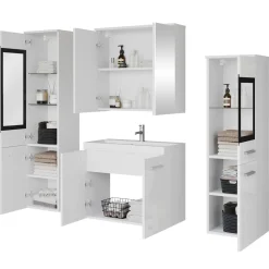 Mobile bagno sospeso 60cm con lavabo, specchio e 2 colonne bianco lucido Luz