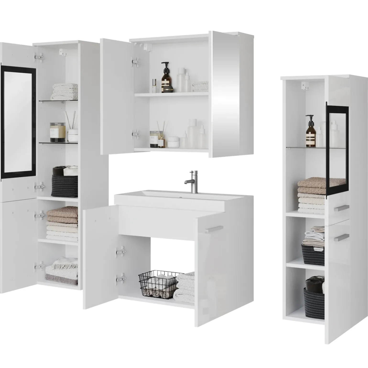 Mobile bagno sospeso 60cm con lavabo, specchio e 2 colonne bianco lucido Luz
