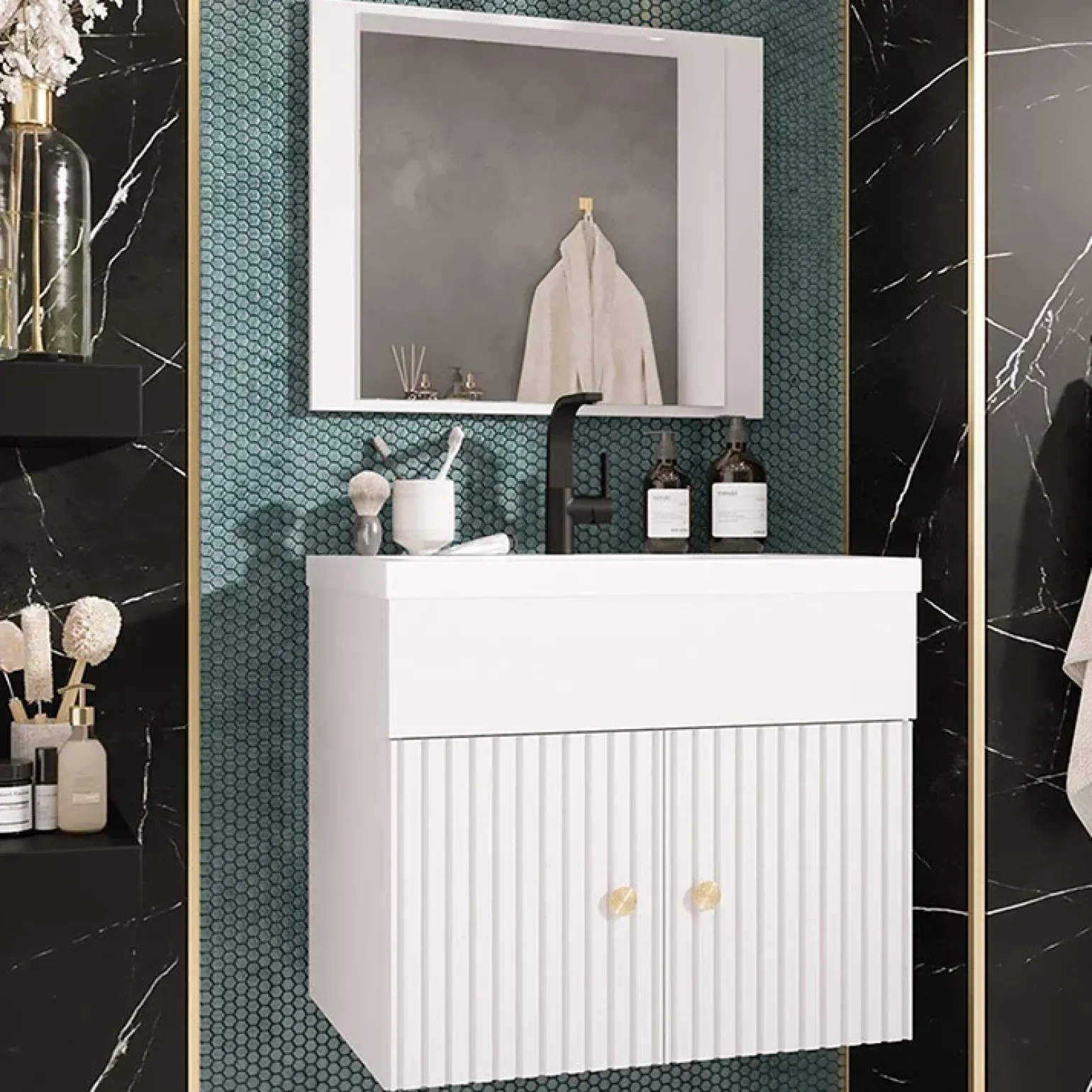 Mobile bagno sospeso 60cm con specchio serigrafato bianco Ischia 5