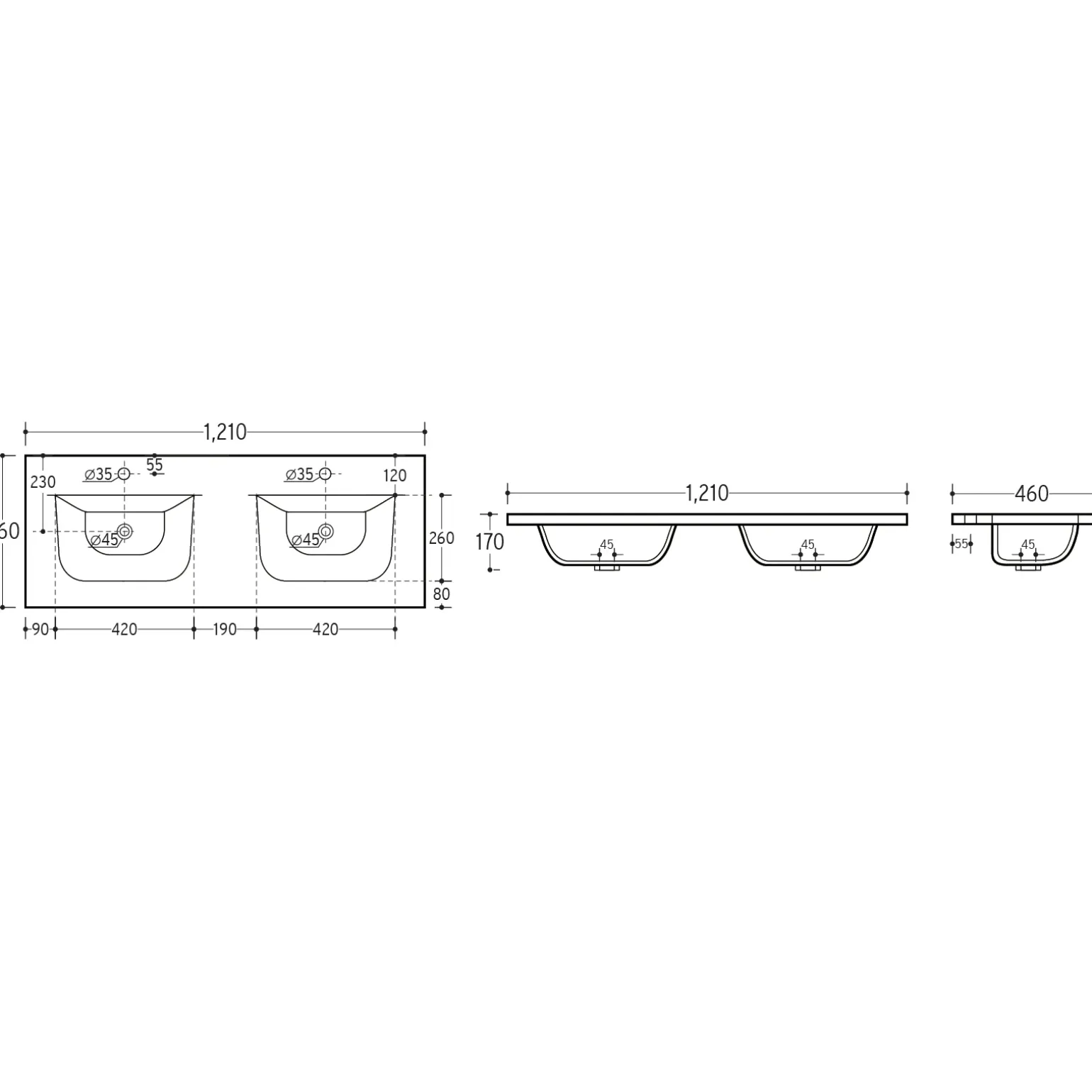 Mobile bagno sospeso 120cm cm con 2 lavabi da incasso, 2 specchi e colonna quercia antracite Limpid