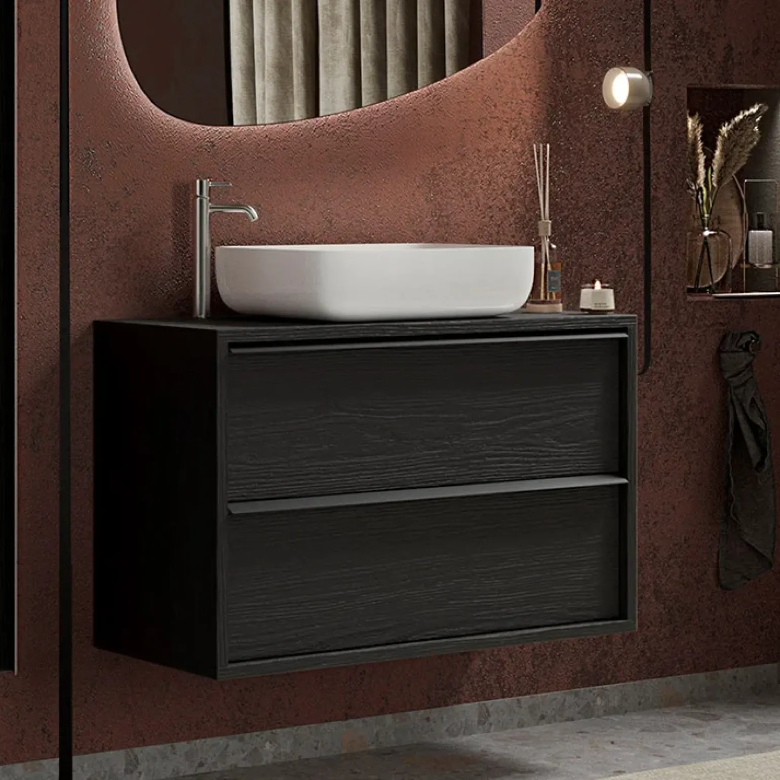 Mobile bagno sospeso 92cm con lavabo e specchio nero frassinato Absolut