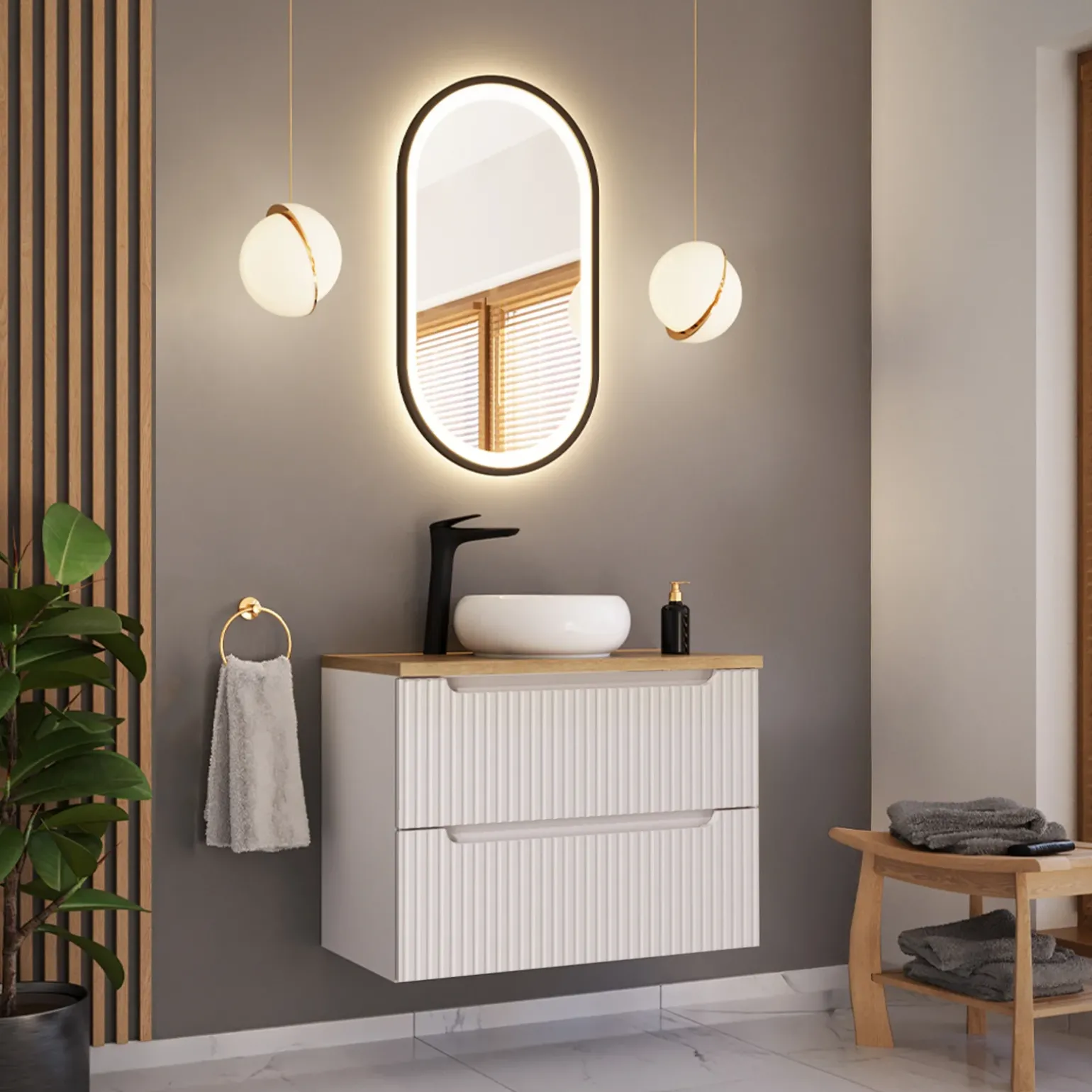 Mobile bagno sospeso 80cm cannettato 2 cassetti bianco rovere Cleany